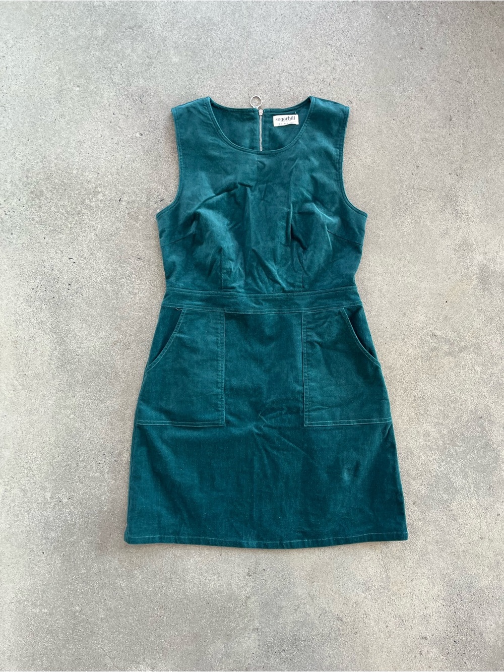 Sugarhill Brighton Teal Corduroy Mini Dress Patch Pockets Back Zip Cottagecore - Picture 5 of 7